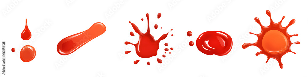 Poster vibrant red liquid drops smooth puddles and dynamic splatters in a glossy isolated graphic style iso