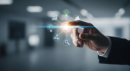 Hand interacting with digital icons representing business concepts in a modern office space