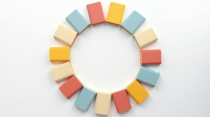 Fototapeta premium Top view of colorful books arranged in a circle isolated on white background, creating a vibrant and educational display with copy space in the center for your message