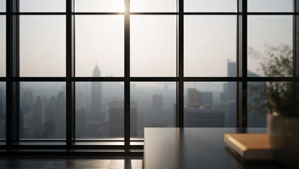 interior of modern office, Interior room with reflective surface and cityscape beyond window