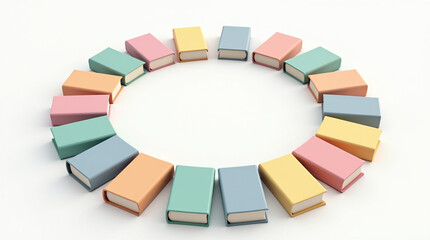 Obraz premium Top view of pastel colored books arranged in a circle isolated on white background, creating a visually appealing and educational display with copy space in the center for your message