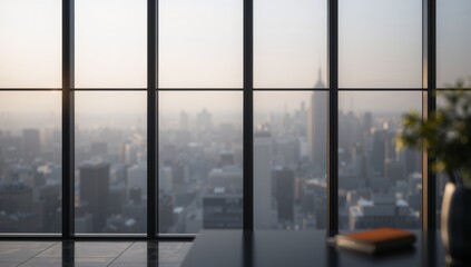 Fototapeta premium view from window, Interior room with reflective surface and cityscape beyond window