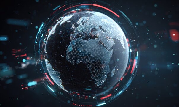 Futuristic digital globe encased in glowing rings, data streams