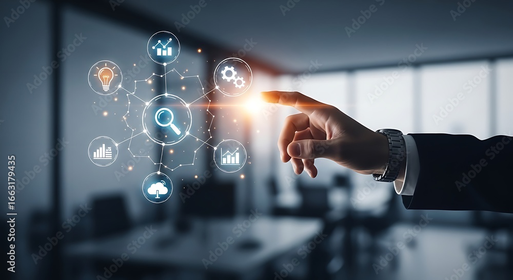 Poster hand interacting with digital icons in a modern office environment showing technology integration