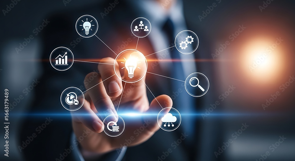 Poster man touching lightbulb icon surrounded by business symbols on a digital interface screen display