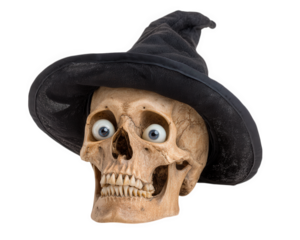 Halloween skull with googly eyes and black witch hat, spooky and funny decoration, isolated on transparency background, perfect for autumn holiday party themes