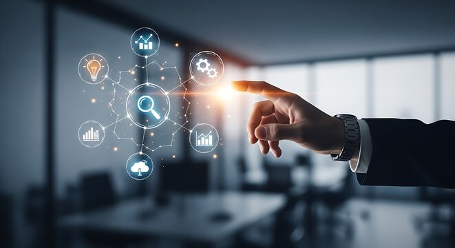 Hand interacting with digital icons in a modern office environment showing technology integration