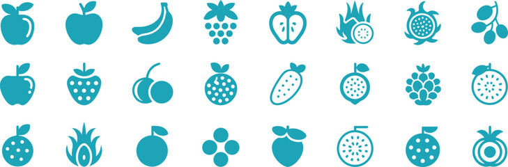 Fototapeta premium Aqua Fruit Icons Set Apple, Banana, Strawberry, Grape, Dragon Fruit,Cherry