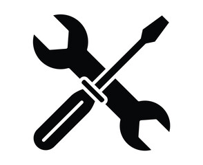 Black and White Illustration of Wrench and Screwdriver for Repair Work