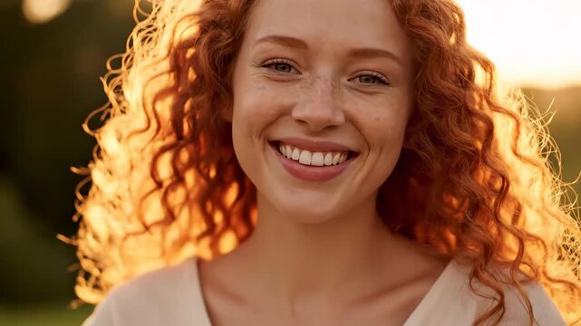 hairy bush, Radiant Portrait of a Joyful Redhead Woman Smiling in the Warm Golden Hour Sunlight.