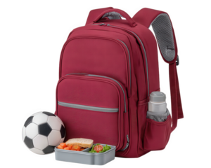 Red backpack lunchbox soccer ball water bottle school healthy food isolated travel student outdoor