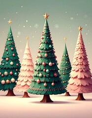 Fototapeta premium Festive Christmas trees, pastel colors, winter scene