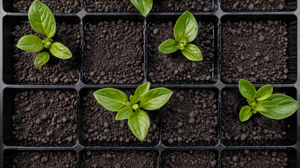 Naklejka premium Overhead macro of a black seedling tray