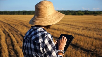 Adult farmer using digital tablet at wheat meadow on sunny day. Female agronomist monitoring...