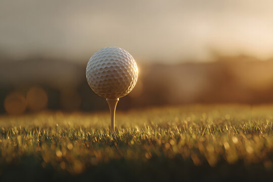 Golf Ball on a Tee at Sunrise Awaiting the First Swing of the Game on a Beautiful Morning