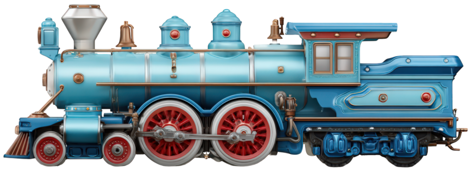 Vintage blue toy train with red wheels, metallic accents, and classic steam engine design isolated on transparency background, evoking nostalgia and playful charm