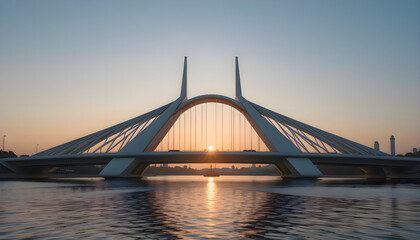 Obraz premium Scenic sunset view with the sun setting behind a large bridge over calm water, featuring warm tones, tranquil landscape, and architectural silhouette