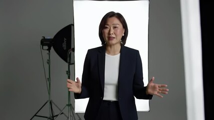 Confident Asian Businesswoman Speaking & Gesturing in Studio