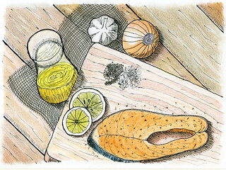 Fresh Salmon with Lemon and Spices on Wooden Board Sketch