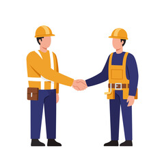 Two construction workers in safety gear shake hands, symbolizing a successful partnership, agreement, or completed deal on a project.