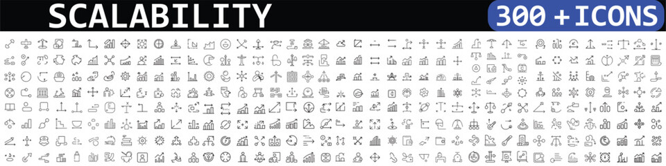 Scalability line icon set. Scale, scalable resize, scaling, stretch, expand, expansion, elasticity, scalling, adaptability, efficiency and more. Outline vector icon.