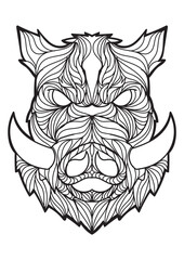 Detailed black and white line art illustration depicting a stylized wild boar's head, adorned with intricate, flowing patterns.