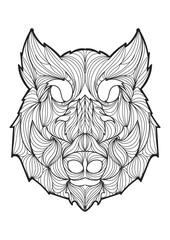 Intricate black and white line art illustration of a wild boar's head with abstract swirling patterns.