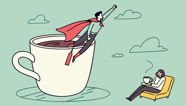 Coffee break to refresh or boost energy, morning routine to help focus and boost productivity, relax or awaken with tea break concept, single mini businessman superhero flying from the huge mug of cof