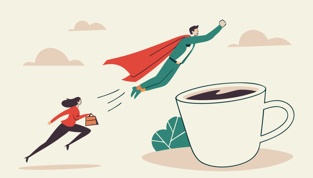 Coffee break to refresh or boost energy, morning routine to help focus and boost productivity, relax or awaken with tea break concept, single mini businessman superhero flying from the huge mug of cof