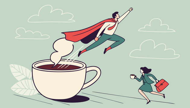 Coffee break to refresh or boost energy, morning routine to help focus and boost productivity, relax or awaken with tea break concept, single mini businessman superhero flying from the huge mug of cof