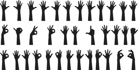 Black hand silhouette gestures, communication symbols, sign language, hand signs, gestures collection, isolated on white background, vector style