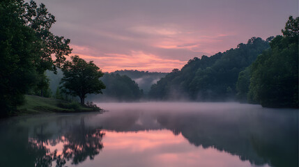 Serene Lake at Dawn A Misty Reflection of Pink Sky and Lush Green Forest Landscape