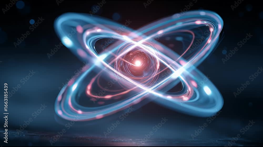 Poster exploration of atomic structure with swirling energy patterns in a dark background