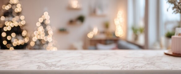 The elegant marble countertop with festive bokeh lights in a cozy setting