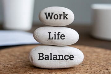 Work life balance concept with stacked white stones, wellness, stress management, harmony, mindfulness.
