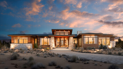 Contemporary American Ranch home at dusk with a desert landscape and vibrant sunset colors