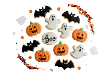Assortment of Spooky Halloween Sugar Cookies Featuring Bat, Ghost, and Pumpkin Shapes, Overhead Flat Lay