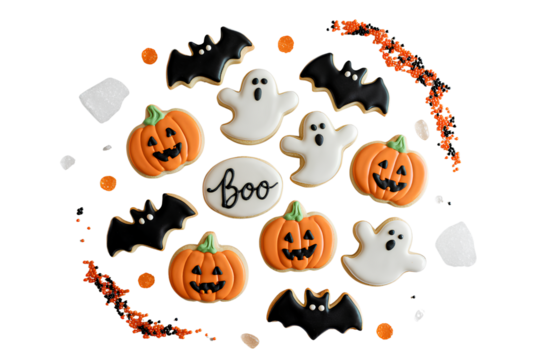 Assortment of Spooky Halloween Sugar Cookies Featuring Bat, Ghost, and Pumpkin Shapes, Overhead Flat Lay