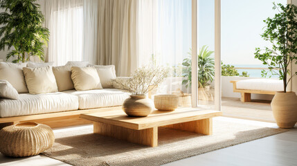 Modern Mediterranean living room with white decor and natural materials overlooking the sea