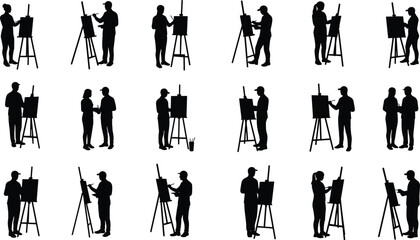 Silhouettes of artists painting on easels – vector art of painters drawing, creative workshop poses, art class, black outlines