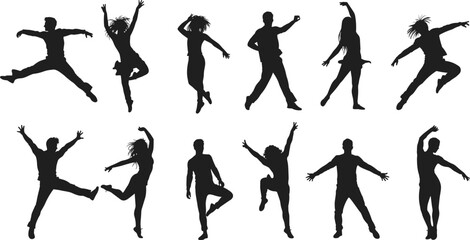 Silhouettes of dancers in various elegant dance poses, ballet movements, artistic performance, choreography, isolated on white background, vector illustration