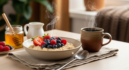 Healthy Oatmeal Breakfast with Berries, Honey, and Coffee for a Cozy Morning
