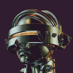 3d Rendered Metallic Chrome Head Wearing a Retro Futuristic Cyber Helmet with Twisted Wires