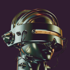 3d Rendered Metallic Chrome Head Wearing a Retro Futuristic Cyber Helmet with Twisted Wires