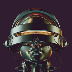 3d Rendered Metallic Chrome Head Wearing a Retro Futuristic Cyber Helmet with Twisted Wires