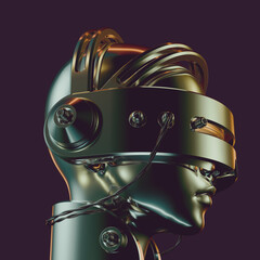 3d Rendered Metallic Chrome Head Wearing a Retro Futuristic Cyber Helmet with Twisted Wires