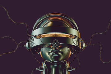 3d Rendered Metallic Chrome Head Wearing a Retro Futuristic Cyber Helmet with Twisted Wires