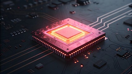 Close-Up of High-Tech Microchip &ndash; Bright Neon Circuit