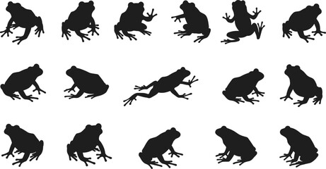 Silhouettes of multiple frogs in various poses, jumping and sitting, black frog shadows isolated on white background