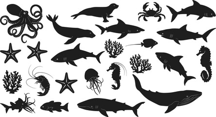 Underwater sea animals silhouette set, marine life vector illustration, ocean creatures, black sea icons, aquatic wildlife, coral reef collection